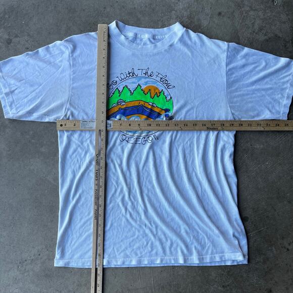 VINTAGE GO WITH THE FLOW OREGON NATURE SHIRT MENS LARGE WHITE 80S 90S - Picture 5 of 5